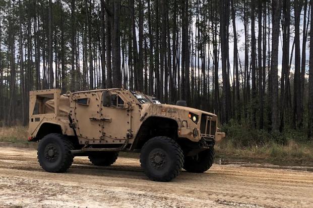 Raider Master Drivers hit the tank trails during the Joint Light Tactical Vehicle (JLTV) Operater New Equipment Training (OPNET) at Fort Stewart, GA., January 15, 2019. (U.S. Army/ Maj. Peter Bogart)