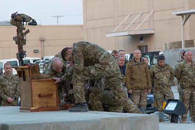 Soldiers honor the life of U.S. Army Sgt. 1st Class Joshua Z. Beale on Wednesday, January 23, 2019 at Bagram, Afghanistan. Beale, an Army Ranger, was killed in action on January 22, 2019. (U.S. Army/Sgt. 1st Class Shaiyla Hakeem)