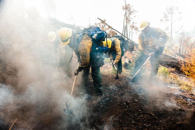 Soldiers with the Oregon Army National Guard fight the Garner Complex Fire side-by-side with firefighters from the Oregon Department of Forestry (ODF) north of Grants Pass, Ore., Aug. 2, 2018. (Oregon National Guard photo/Zach Holden)