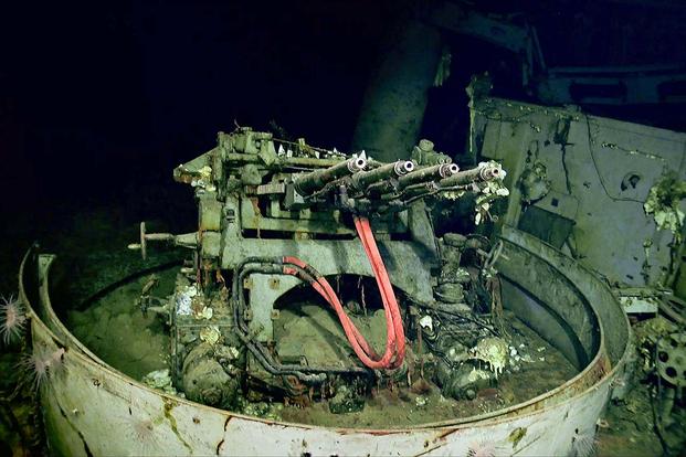 1.1-inch anti-aircraft guns on the wreckage of the USS Hornet. Photo courtesy of Paul G. Allen’s Vulcan Inc. 