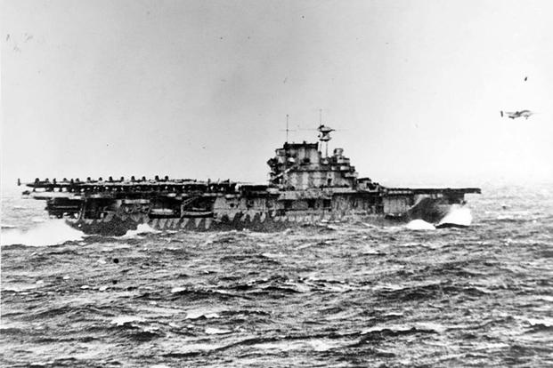 The USS Hornet (CV-8) launches Army Air Force B-25B bombers at the start of the first U.S. air raid on the Japanese home islands, known as the Doolittle Raid, on April 18, 1942. The ship was sunk just months later during the Battle of the Santa Cruz Islands. Navy photo