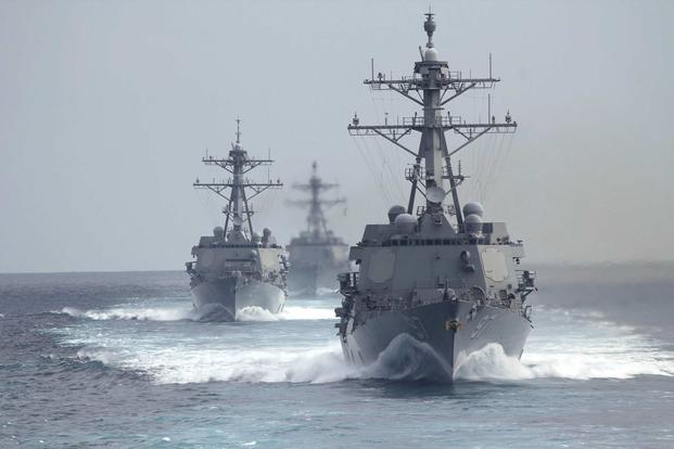 The guided-missile destroyers Halsey, Michael Murphy and Gridley underway in formation during a strait transit exercise off the coast of Southern California on May 23, 2014. (U.S. Navy photo)