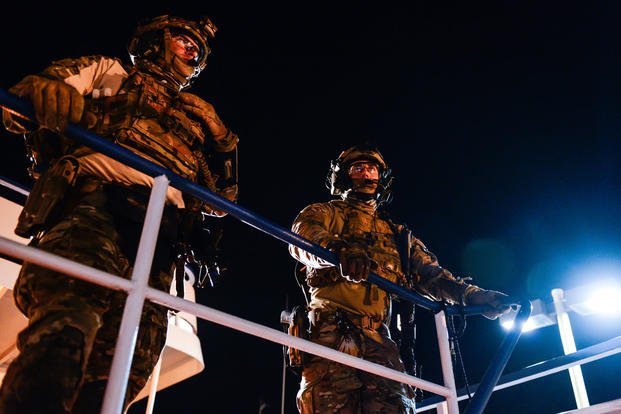 The Coast Guard’s Maritime Security Response Team (MSRT) from Virginia participates in a training evolution in Hyannis, Mass., Thursday, Oct. 22, 2015. (U.S. Coast Guard photo/Ross Ruddell)