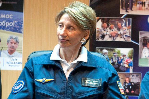 Then-Backup Spaceflight Participant Barbara Barrett during a press conference on Sept. 29, 2009, at the Cosmonaut Hotel in Baikonur, Kazakhstan. (NASA/Bill Ingalls)