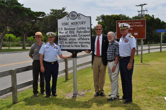An historical marker honoring the wartime service of revenue cutter Mercury is unveiled July 12, 2013, in Ocracoke, N.C. (Photo courtesy of The Graveyard of the Atlantic Museum, North Carolina Maritime Museum System)