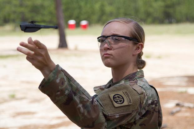 Pvt. Kesley Darnell, B. Co., 1st Battalion, 508th Parachute Infantry Regiment, 3rd Brigade Combat Team, 82nd Airborne Division, let’s go of the air vehicle as it takes off during the systems fielding at Fort Bragg, NC, May 2nd, 2019 (US Army/Patrick Ferraris).