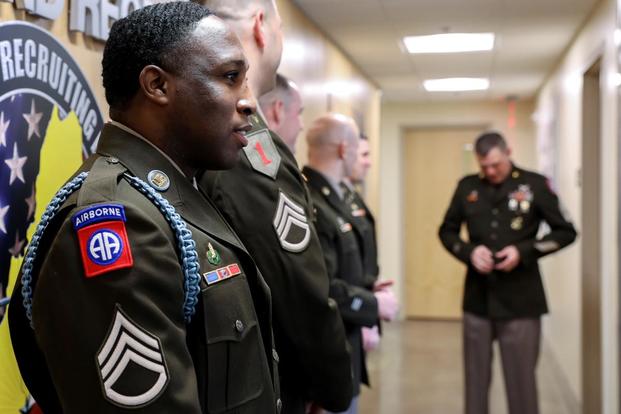 Army recruiters from the New England Recruiting Battalion wear the new Army Green Service Uniform as part of a limited user evaluation. (U.S. Army)