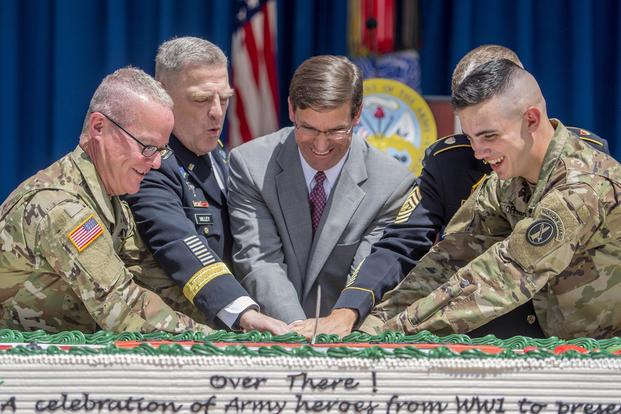 Secretary of the Army Dr. Mark T. Esper hosts the 243rd Army Birthday cake cutting ceremony at the Pentagon, Washington, D.C., June 14, 2018. (U.S. Army/Daniel Torok)