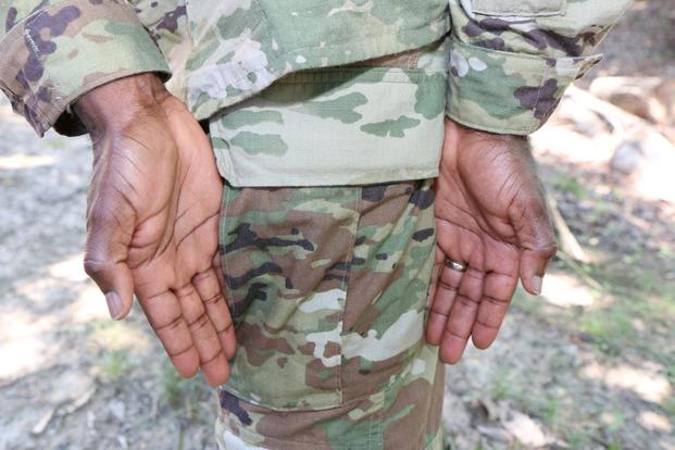 The trousers on the Army’s new Improved Hot Weather Combat Uniform feature more-streamlined, side cargo pockets. (Matthew Cox/Military.com)