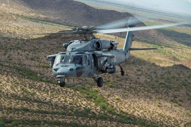An MH-60S Seahawk Helicopter assigned to Sea Combat Squadron SIX (HSC-6) provides aerial coverage to joint coalition forces during a training scenario at exercise Red Flag-Rescue 19-1 near Davis-Monthan Air Force Base, Arizona, May 11, 2019. (U.S. Air Force/Staff Sgt. Taylor Harrison)