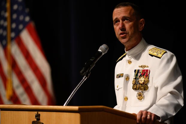 Chief of Naval Operations Adm. John M. Richardson addresses guests during the U.S. Naval Academy’s change of command ceremony where 62nd Superintendent Vice Adm. Walter E. “Ted” Carter Jr. was properly relieved by Vice Adm. Sean S. Buck, July 26, 2019. (U.S. Navy photo/Nathan Burke)