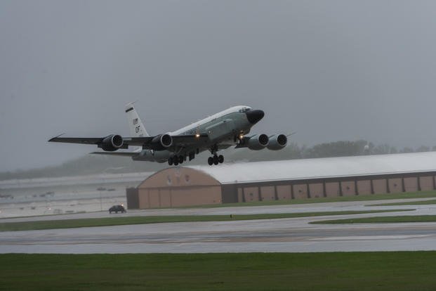 A U.S. Air Force RC-135S Cobra Ball aircraft assigned to the 45th Reconnaissance Squadron takes off from Offutt Air Force Base (AFB), Nebraska, May 8, 2019. (U.S. Air Force photo/Jacob Skovo)