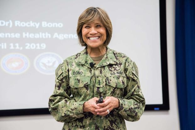 U.S. Navy Vice Admiral Raquel C. Bono, director of the Defense Health Agency, speaks at a Town Hall at Maxwell Air Force Base, Alabama, on April 11, 2019. (U.S. Air Force photo by William Birchfield)