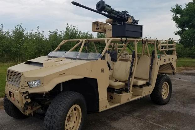 The Army tested the R400S Mk2 Dual Remote Weapon System in Oklahoma last month. The weapon system, made by EOS Defense System USA, Inc., can be operated from inside a vehicle and spots land or air threats from miles away. (U.S. Army) 