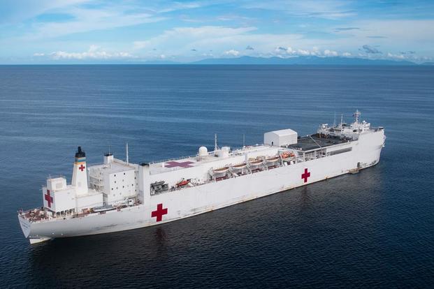 The hospital ship USNS Comfort (T-AH 20) is anchored off the coast of La Brea, Trinidad and Tobago as the ship prepares for a five-day medical mission. (U.S. Navy/Mass Communication Specialist 2nd Class Morgan K. Nall)