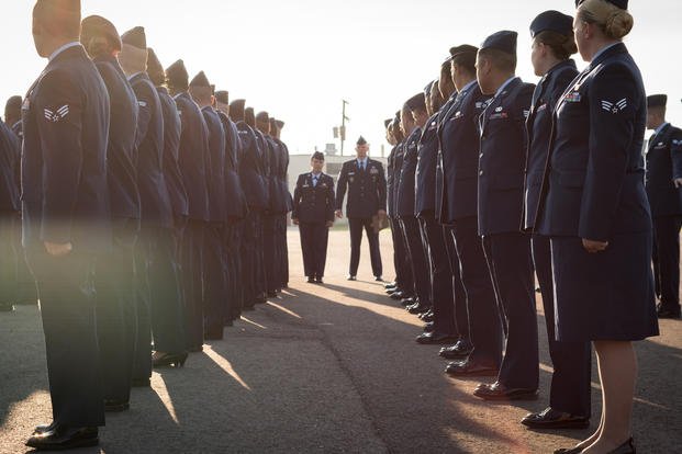 Airman Leadership School class 18-6 “dress” to their right before a blues inspection at Barksdale Air Force Base, La., Aug. 2, 2018. (U.S. Air Force photo/Philip Bryant)