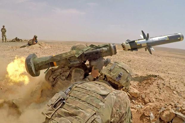 Infantry Soldiers with 1st Battalion, 8th Infantry Regiment, 3rd Armored Brigade Combat Team, 4th Infantry Division, fire an FGM-148 Javelin during a combined arms live fire exercise in Jordan on August 27, 2019, in support of Eager Lion. (U.S. Army/Sgt. Liane Hatch)