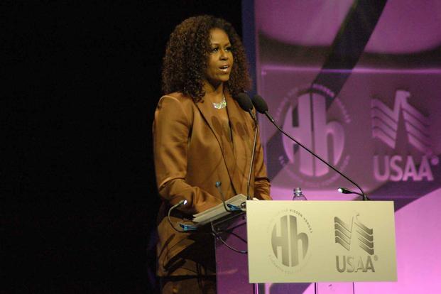 Former first lady Michelle Obama is the first recipient of the Tom Hanks Caregiver Champion Award for her support of military families during her time in and out of the White House. (Dorothy Mills-Gregg/Military.com)