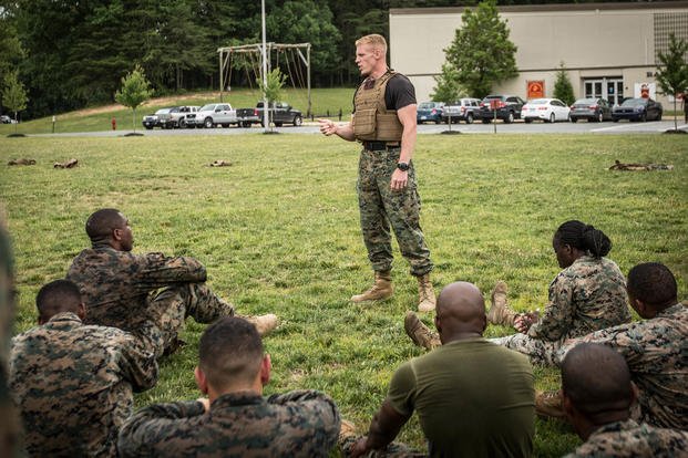 Students of the Force Fitness Instructor Course participate in combat conditioning drills at The Basic School, Quantico, Va., Feb 7, 2019. The students learn how to incorporate combat conditioning into their unit's physical fitness programs in order to produce a more well rounded, physically fit Marine. (U.S. Marine Corps photo/Melissa Marnell)