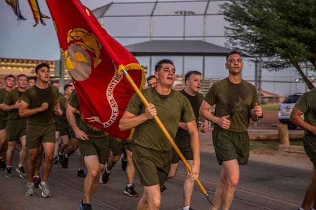 U.S. Marines with Marine Air Control Squadron (MACS) 1 participate in a motivational run at Marine Corps Air Station Yuma, Ariz., August 30, 2019. (U.S. Marine Corps photo/Sabrina Candiaflores)