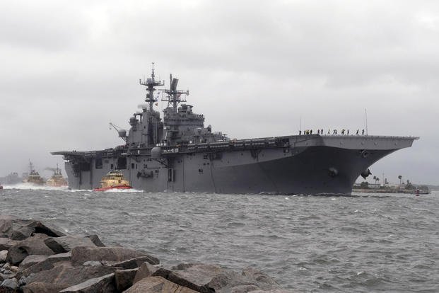 Amphibious assault ship USS Iwo Jima (LHD 7) departs Naval Station Mayport in preparation of Hurricane Matthew's arrival onto Florida's eastern coast. (Mark Andrew/U.S. Navy)