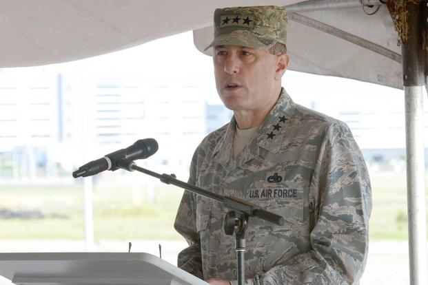 Then Air Force Sustainment Center Commander Lt. Gen. Lee K. Levy II addresses the crowd at the KC-46A Sustainment Campus groundbreaking ceremony July 26. (U.S. Air Force/Kelly White 