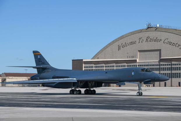 A B-1B taxis at Ellsworth Air Force Base.