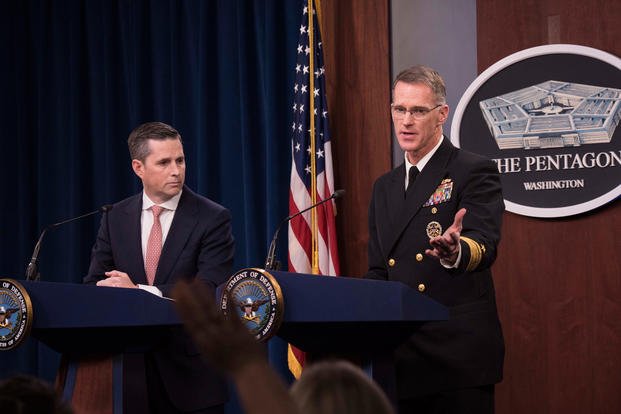 Assistant to the Secretary of Defense for Public Affairs Jonathan Rath Hoffman and Vice Director of the Joint Staff Rear Adm. William D. Byrne Jr. hold a joint press briefing at the Pentagon, Washington, D.C., Dec. 12, 2019. (DoD photo/James K. Lee)