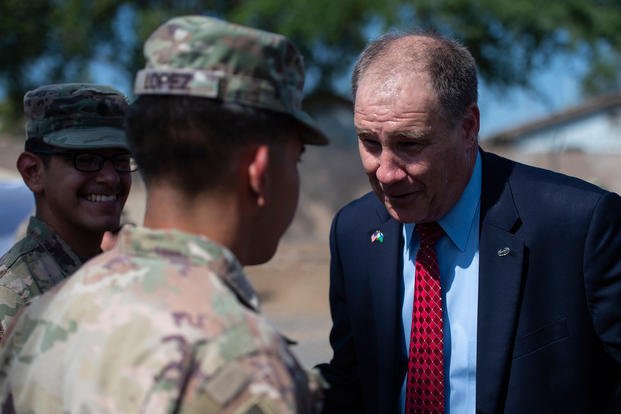 Rep. Trent Kelly (R-MS-1) speaks to Task Force Alamo, Texas Army National Guard, Soldiers during a briefing at Camp Lemonnier, Djibouti, Nov. 21, 2018. (U.S. Air Force photo/Shawn Nickel)