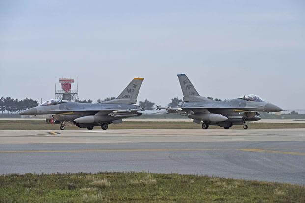 U.S. Air Force F-16 Fighting Falcons assigned to the 8th Fighter Wing prepare to take off for a routine training flight at Kunsan Air Base, Republic of Korea, on Oct. 10, 2019. (U.S. Air Force photo by Staff Sgt. Mackenzie Mendez)