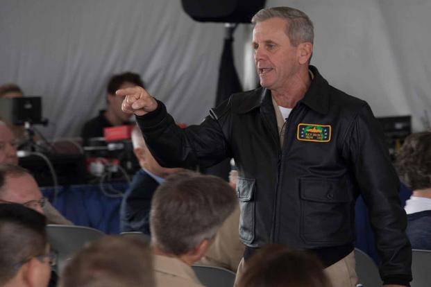 Vice Adm. Richard A. Brown, Commander, Naval Surface Forces, delivers the keynote address at the Surface Navy Association's 21st annual West Coast symposium on board Naval Base San Diego, Aug. 22.. (U.S. Navy/Mass Communication Specialist 1st Class Woody S. Paschall)