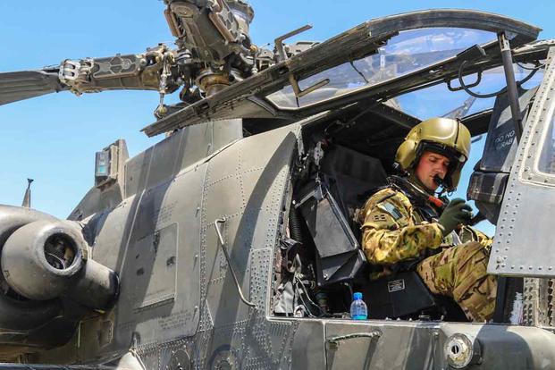 An AH-64 Apache pilot conducts final pre-flight checks before taking off in Afghanistan, April 28, 2019. (U.S. Army/ Capt. Roxana Thompson)