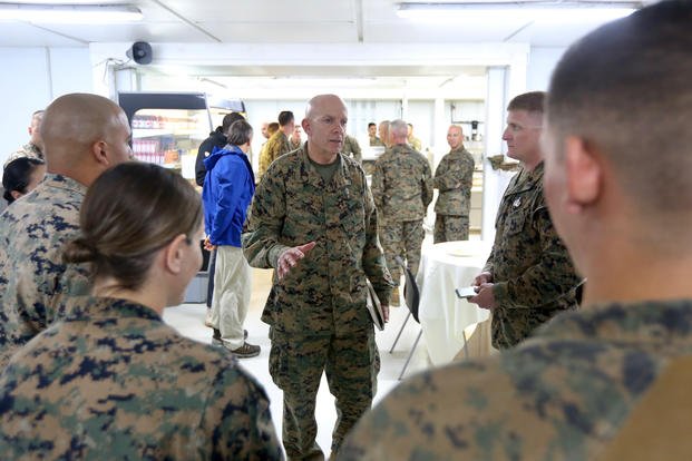 Gen. David H. Berger speaks with Marines