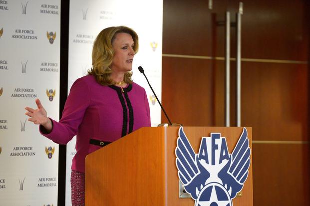 Former Secretary of the Air Force Deborah Lee James speaks at the Air Force Association's Breakfast Series.