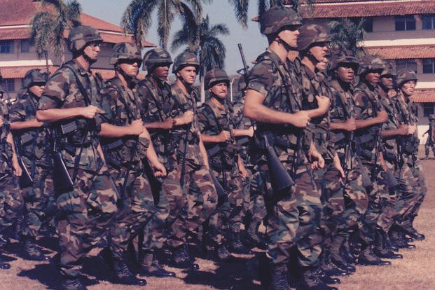 US Army soldiers marching in formation in Panama