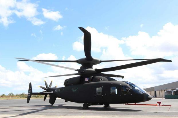 Sirkorsky-Boeing’s SB-1 Defiant – a  helicopter prototype that features a coaxial rotor design and a rear propeller for thrust -- at the Sikorsky Development Flight Test Center in West Palm Beach, Florida. (Matthew Cox/Military.com)