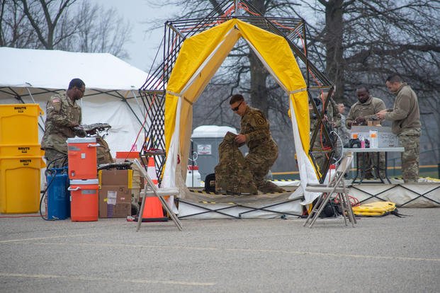 Pennsylvania Air National Guard troops set up a coronavirus testing site