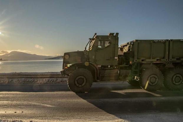 A U.S. Marine Corps Medium Tactical Vehicle Replacement convoy in Norway.