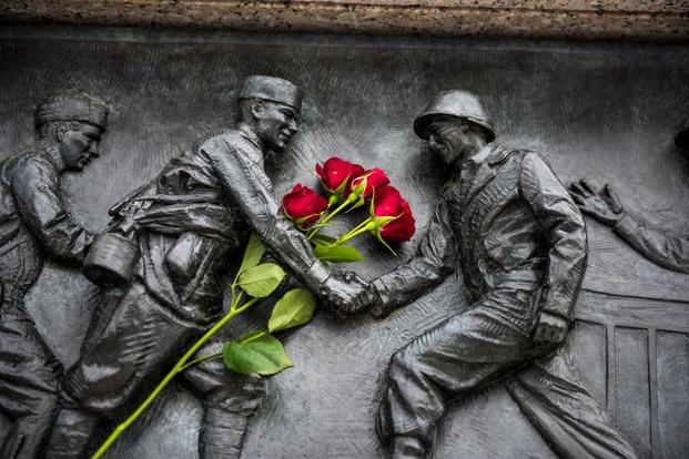 Part of a monument where flowers where laid during the VE Day Observance at the World War II Memorial in Washington, D.C.