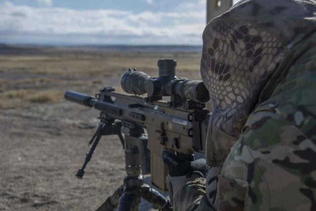 A U.S. Army Operator finds a sight picture during sniper training on Fort Carson.