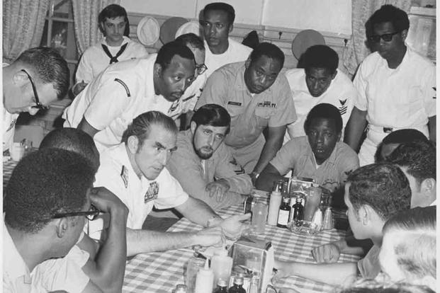 Then-Chief of Naval Operations Admiral Elmo Zumwalt speaks with the Human Relations Council at Fleet Activities Yokosuka in July 1971.