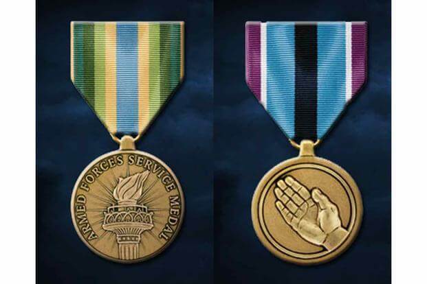 The Defense Department has approved two awards, the Armed Forces Service Medal (left) and the Humanitarian Service Medal (right), for troops who carried out missions tied to the coronavirus pandemic.