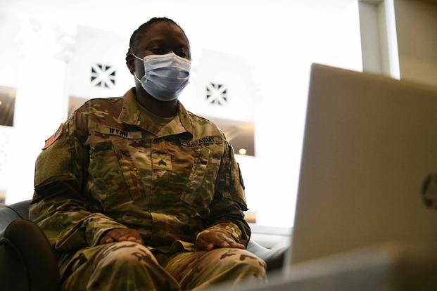 U.S. Army soldier participates in a virtual promotion board in Guam.