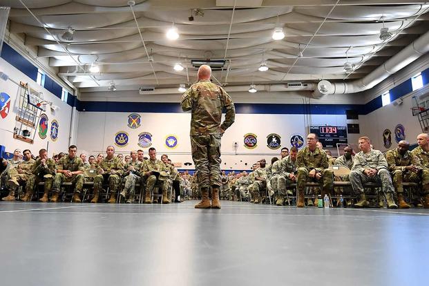 Gen. Jay Raymond briefs Airmen during an all-call at Schriever Air Force Base.