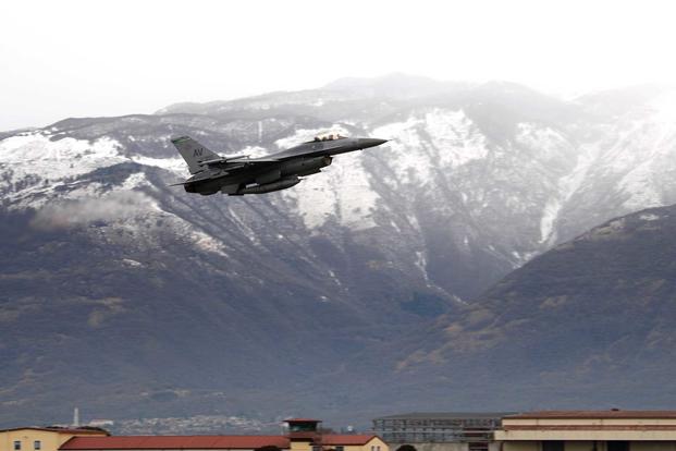 A U.S. Air Force F-16 Fighting Falcon takes off from Aviano Air Base, Italy.