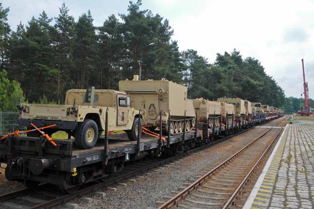The 1st Armored Brigade Combat Team, 1st Cavalry Division receives vehicles by railhead.