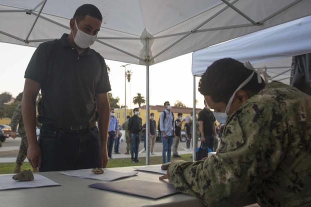 A recruit is medically screened at Marine Corps Recruit Depot, San Diego.