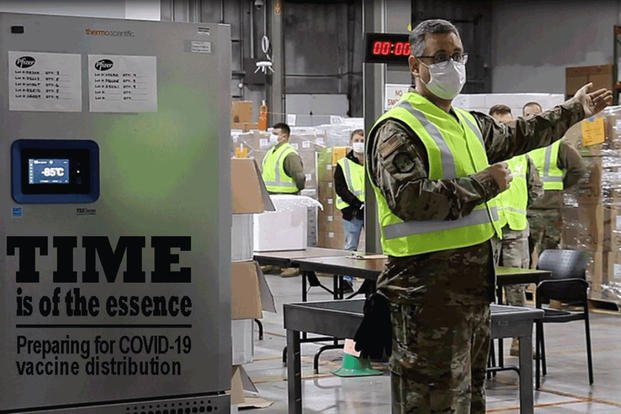 Ohio Air National Guard Senior Master Sgt. Gregory Sprowls explains the process of receiving and repacking COVID-19 vaccines. (Photo courtesy of Ohio Gov. Mike DeWine's office)