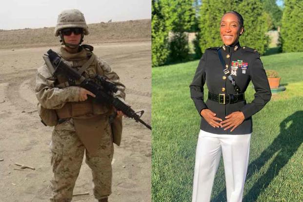 Gunnery Sgt. Juliana Pinder, left, and Warrant Officer Courtney Jones, say they faced consequences in their Marine Corps careers when they became mothers. (Courtesy Pinder and Jones)