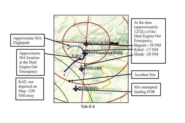 Air Force graphic shows the flightpath of an E-11A that crashed in Afghanistan.